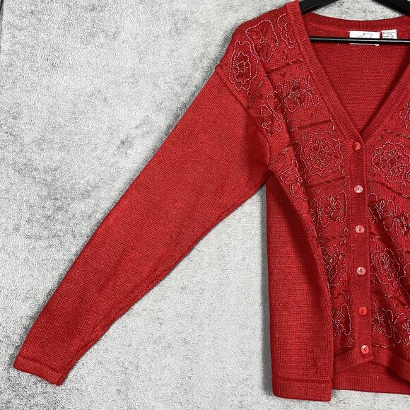 XXIst Cardigan Sweater Womens Small Red Beaded Floral Button Front Knit - Picture 3 of 16